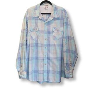 Izod Surfcaster Button Down Shirt Long Roll Tab Sleeve Plaid Print Flap Pocket
